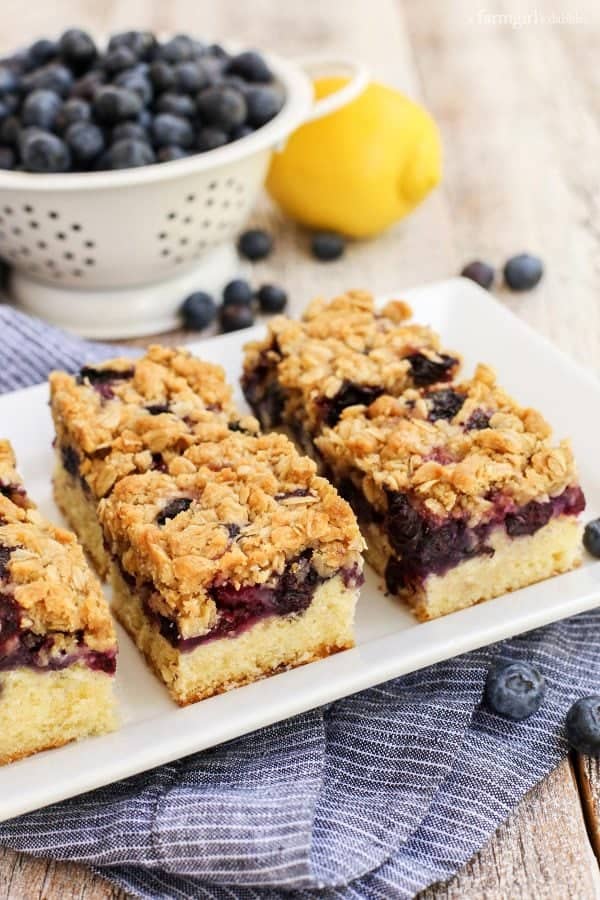 Blueberry Oat Crumble Bars on a white platter with a bowl of fresh blueberries