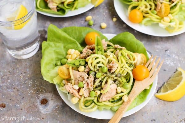 Lemon Pepper Salmon and Zucchini Noodle Salad Cups with fresh tomatoes and sweet corn