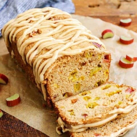 A loaf of cinnamon rhubarb bread with brown-butter glaze