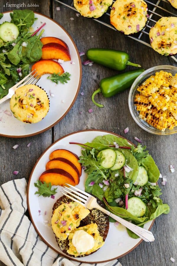 Jalapeno Grilled Sweet Corn Muffins with a side salad and nectarine slices