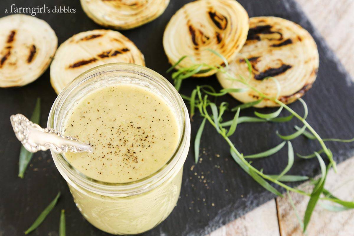 Grilled Vidalia Onion Dressing on a black board.