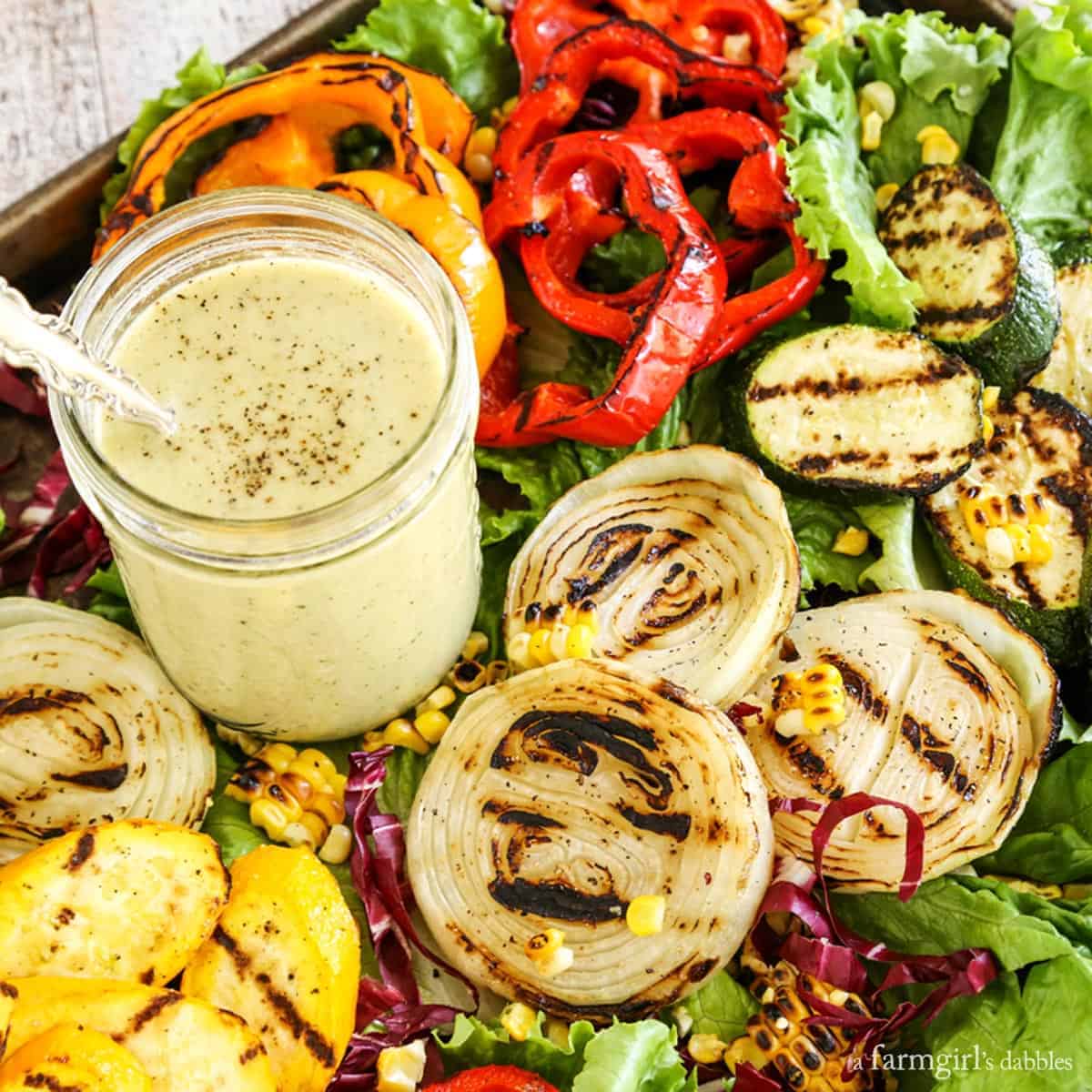 Grilled Veggies Salad with Grilled Vidalia Onion Dressing.