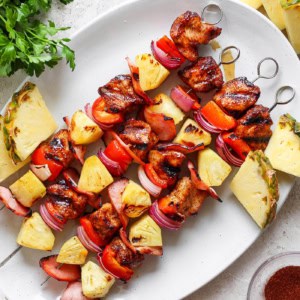 Overhead view of Hawaiian chicken chili kabobs on platter