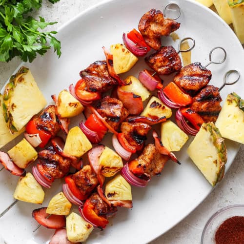 Overhead view of Hawaiian chicken chili kabobs on platter