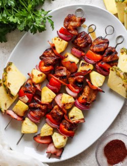 Overhead view of Hawaiian chicken chili kabobs on platter