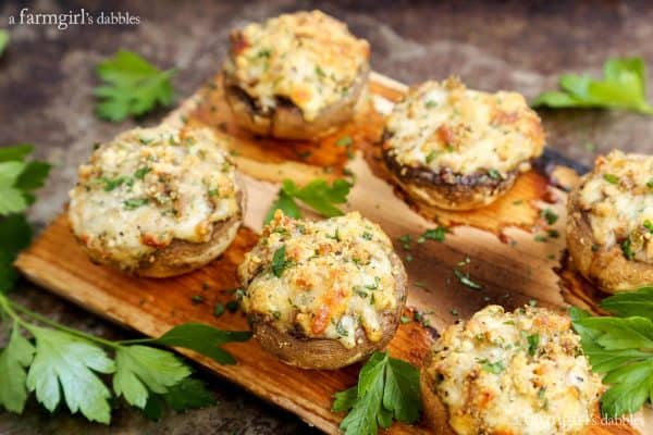 a cedar plank with stuffed mushrooms