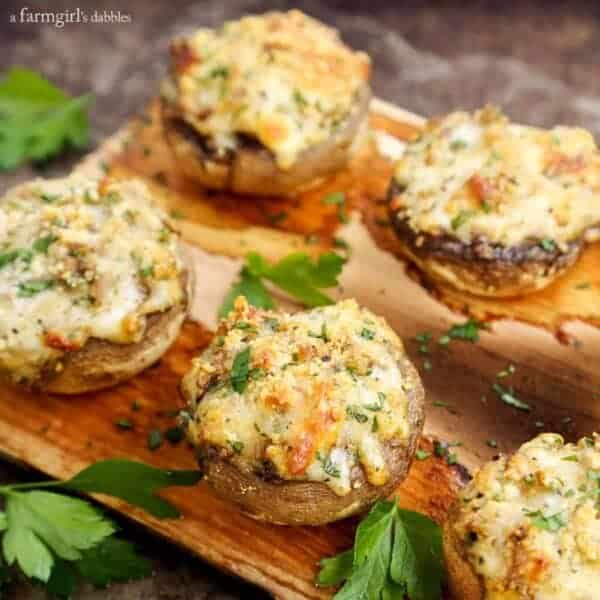 Cheesy Stuffed Mushrooms Grilled on a Cedar Plank