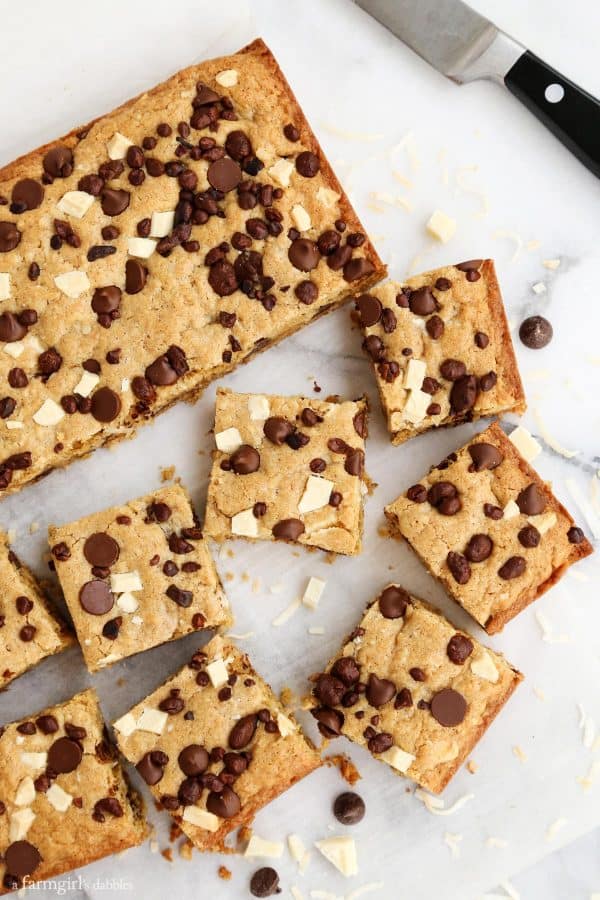 Triple Chocolate Coconut Blondies cut into slices