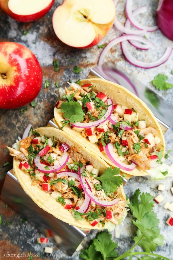 Autumn-Spiced Cheddar Chicken Tacos with Apples on a silver taco holder