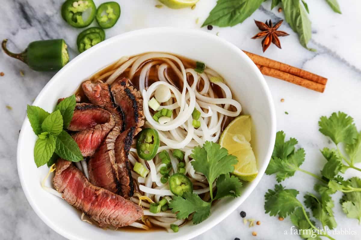 a bowl of Quick Grilled Beef Pho