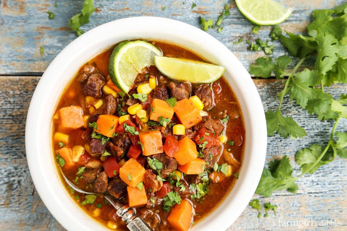 Overhead view of a bowl of beef stew with sweet potatoes garnished with lime wedges.