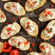 Creamy Shrimp and Peppadew Crostini with fresh green onions