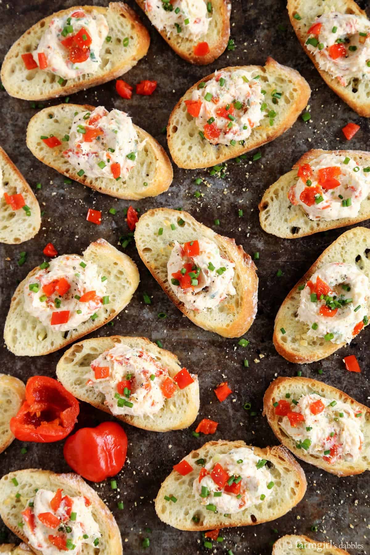 Creamy Shrimp and Peppadew Crostini with fresh green onions