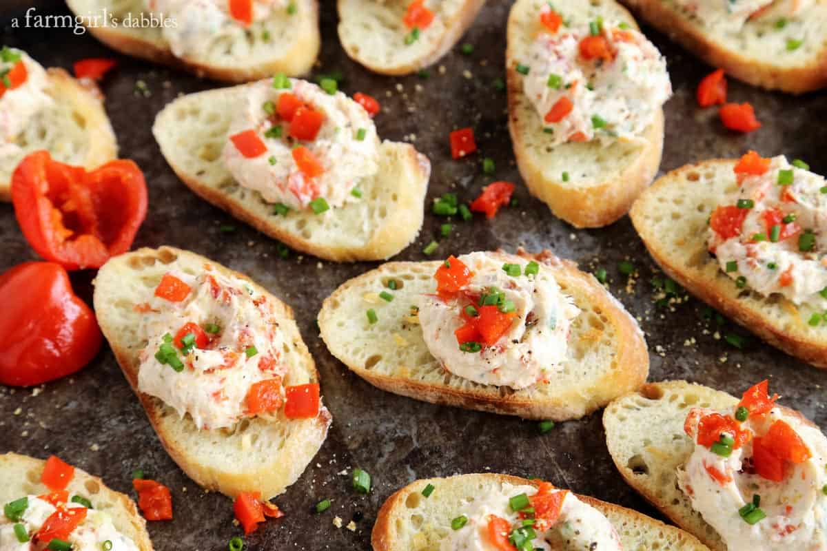 Creamy Shrimp and Peppadew Crostini on a counter