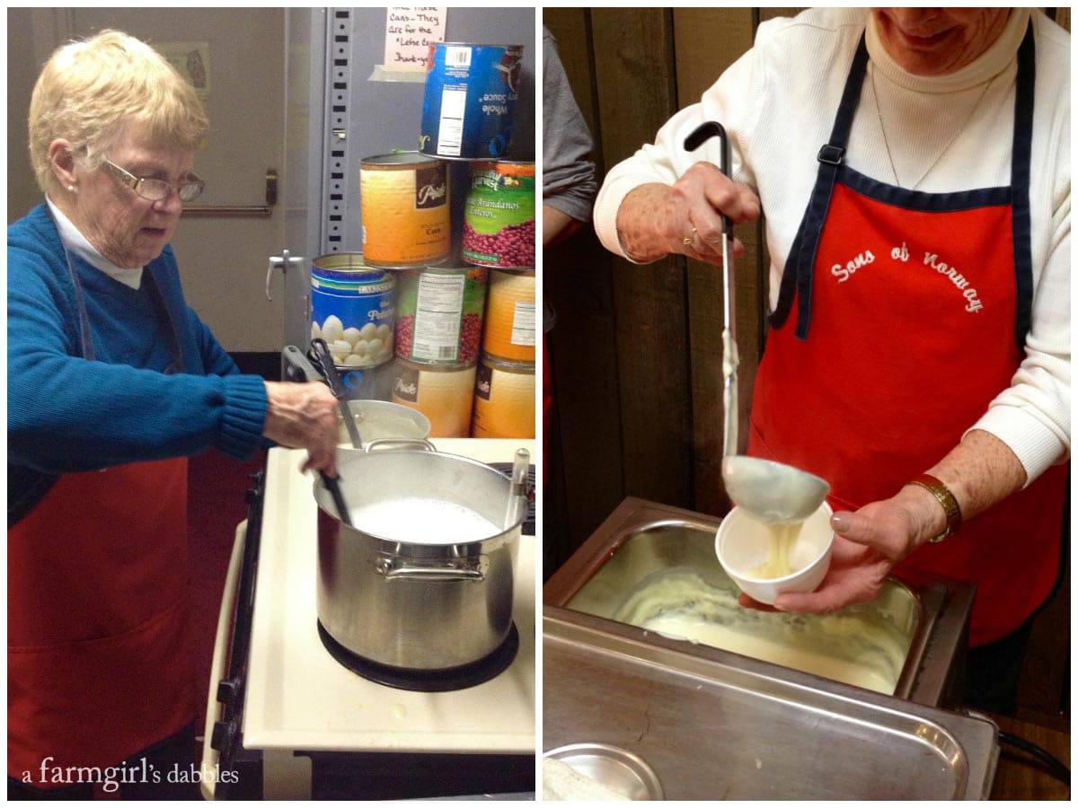 two women scooping rommegrot at Sons of Norway restaurant in Fargo, ND