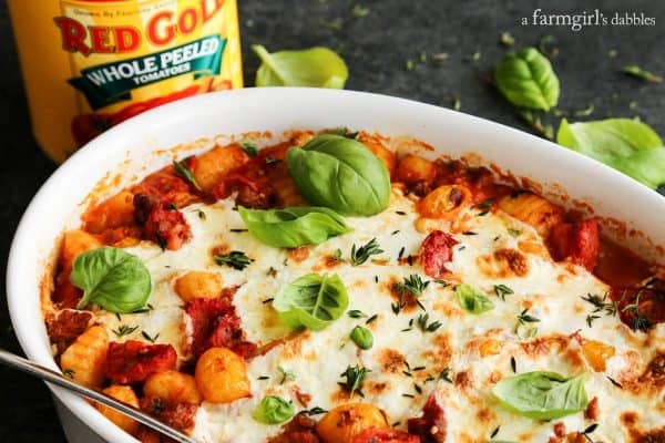 Cheesy Baked Gnocchi with Tomatoes and Sausage with red gold tomatoes