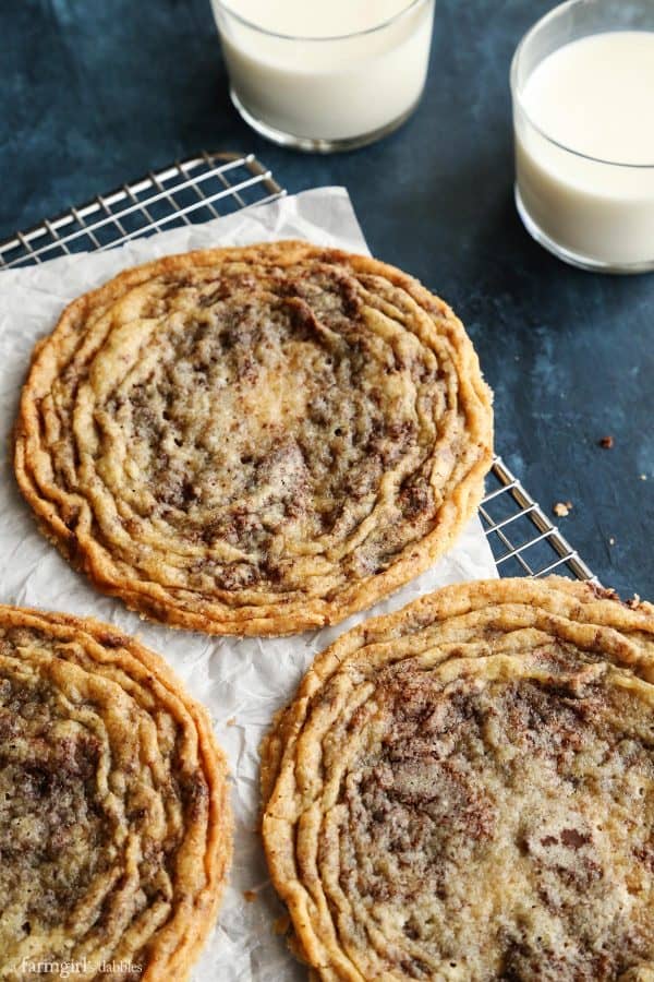 pan banging chocolate chip cookies with milk