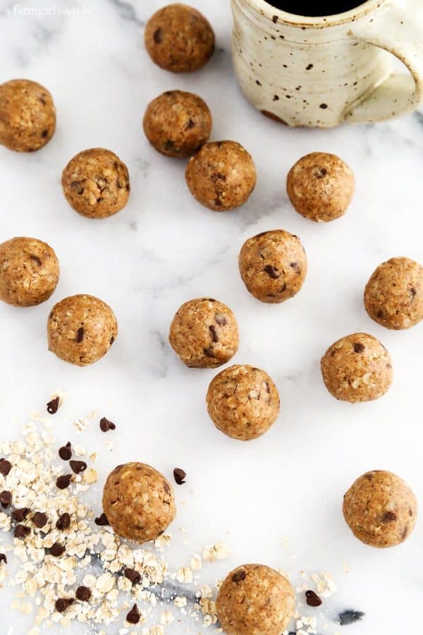 protein bites on a marble counter