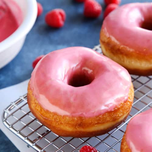 Recipe card photo for raspberry donuts.