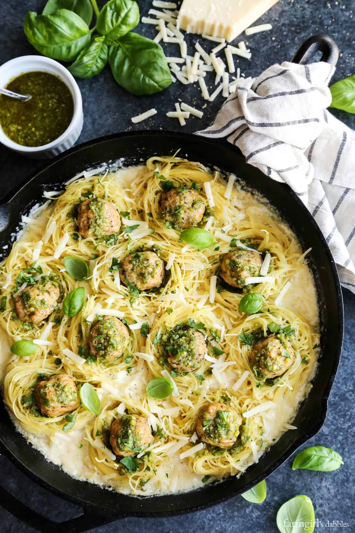 Creamy Garlic Pasta Nests with Pesto Chicken Meatballs | a farmgirl's