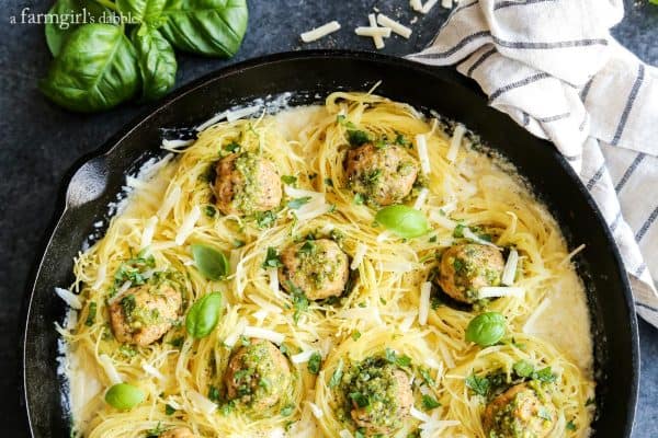 Garlic Pasta Nests with Meatballs and fresh basil