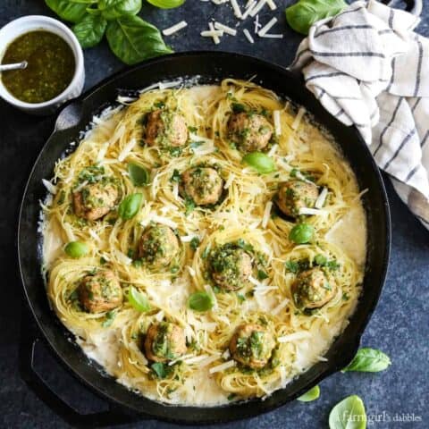 Creamy Garlic Pasta Nests with Pesto Chicken Meatballs