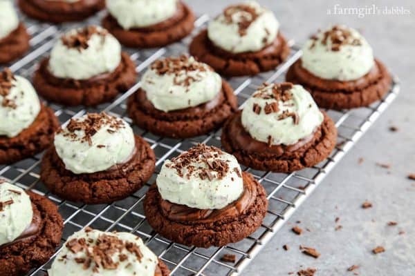 Mint Chocolate Chip Buttercream Brownie Cookies with chocolate shavings