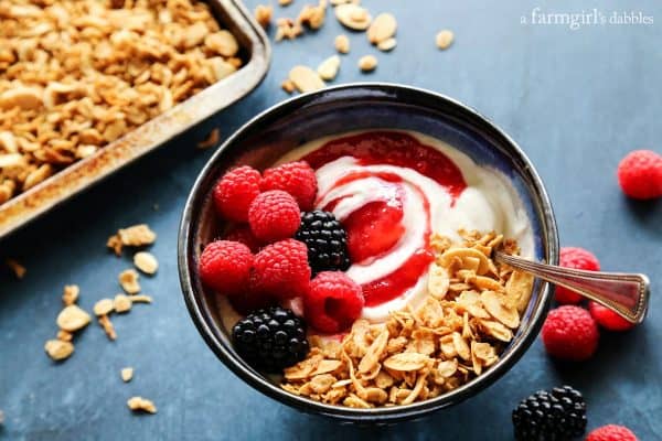 Homemade Almond Coconut Granola with yogurt and fresh berries