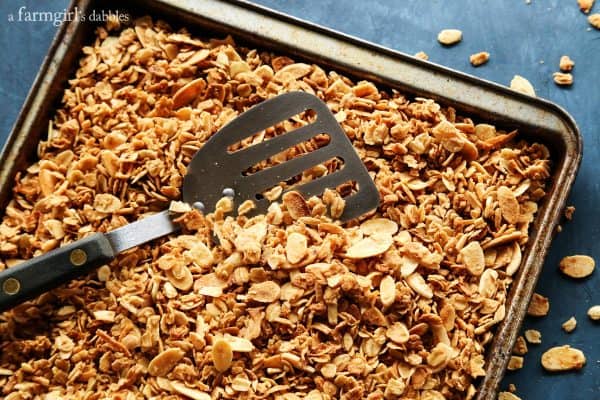 Homemade Almond Coconut Granola in a baking pan