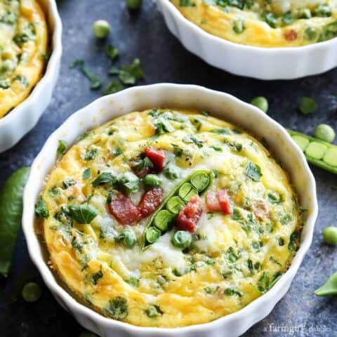 Baked Eggs with Pancetta, Provolone, and Peas