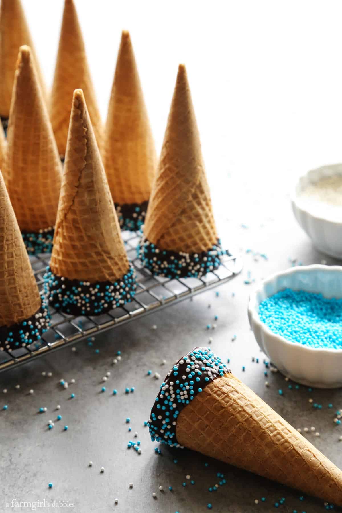 dipped and sprinkled ice cream cones
