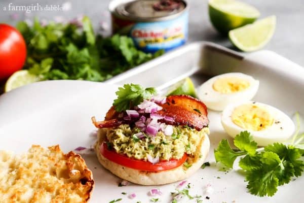 Tuna Guacamole Sandwich with Bacon and fresh cilantro