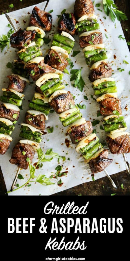 pinterest image of Sugar Grilled Beef and Asparagus Kebabs