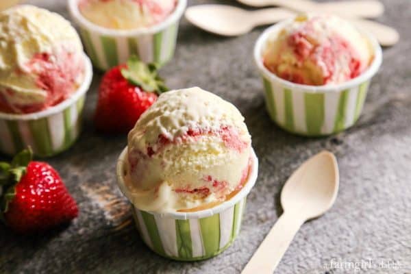small cups Crème Fraîche Ice Cream with Roasted Strawberry Swirl
