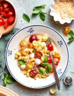 Caprese pasta salad in bowl.