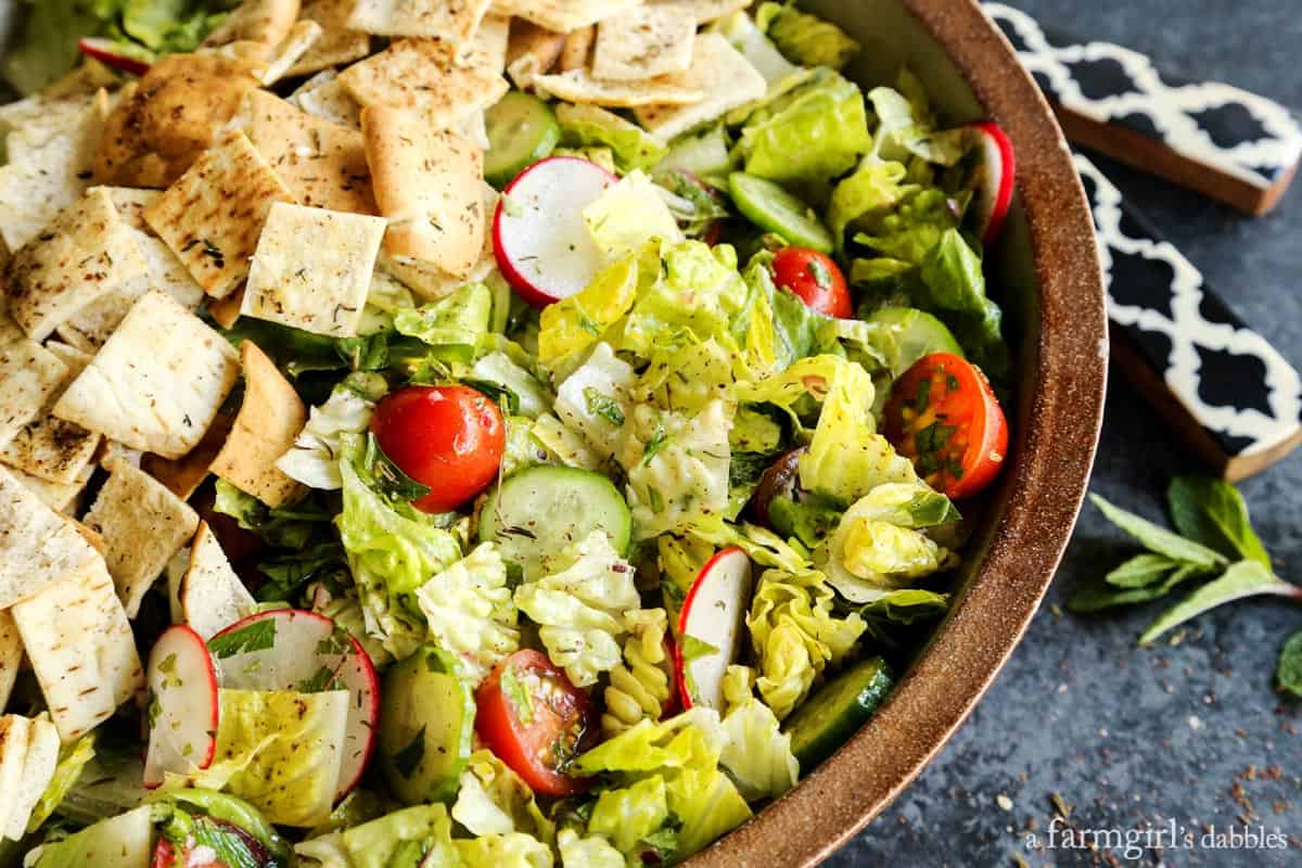 Fattoush Salad in a pottery bowl