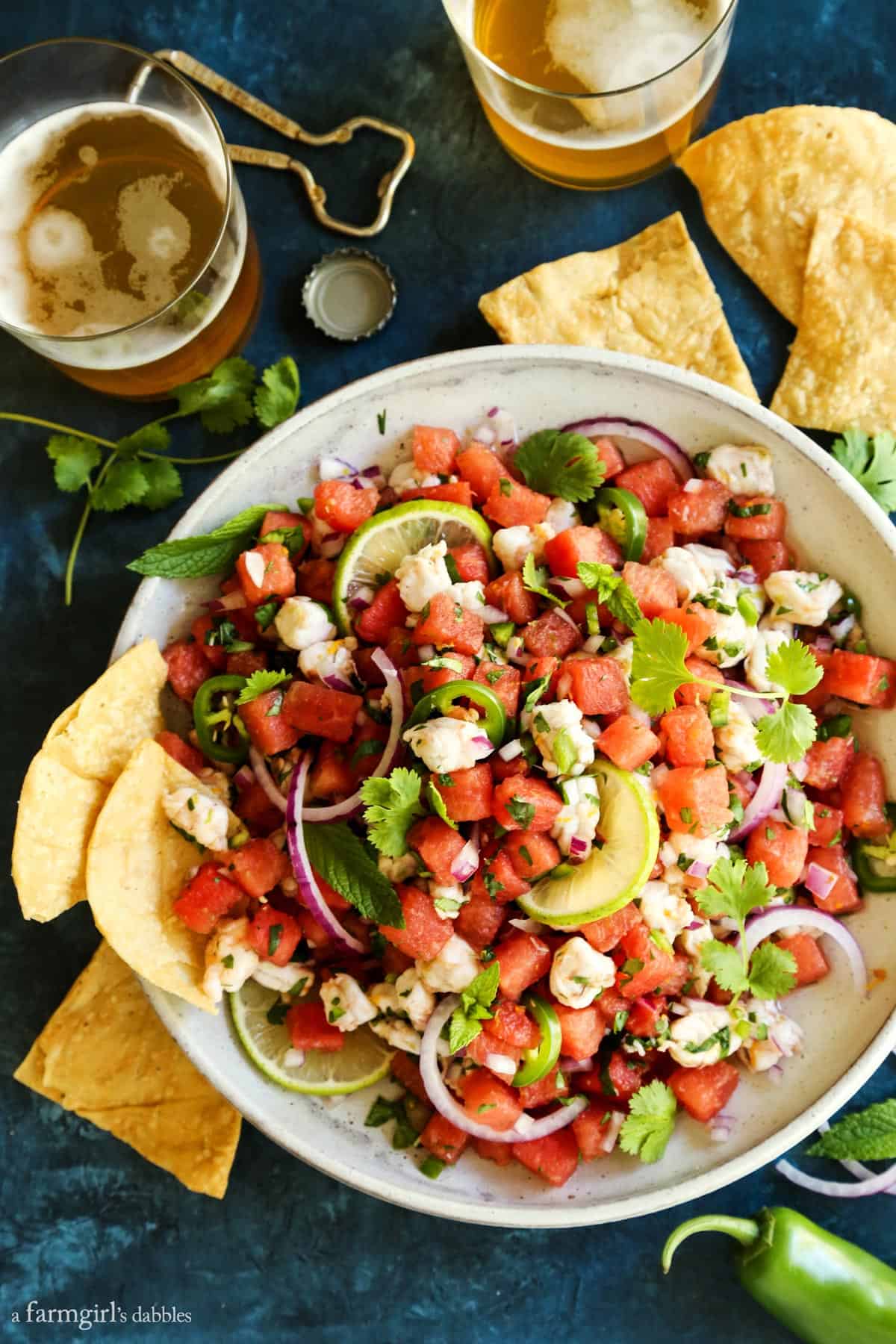 This watermelon and citrus shrimp ceviche recipe is loaded with nuggets of fresh shrimp, plus the bright flavors of orange and lime! A bowl of watermelon ceviche with chips