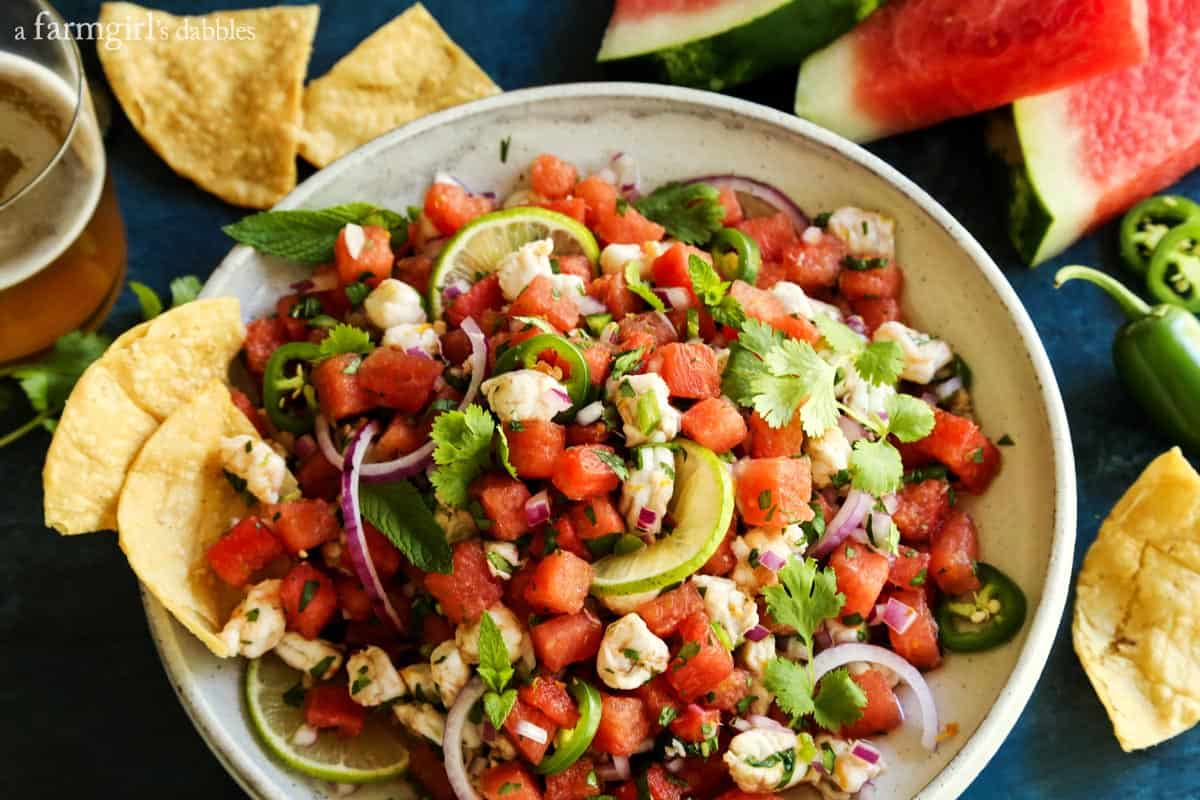 Watermelon and Shrimp Ceviche in a white pottery bowl