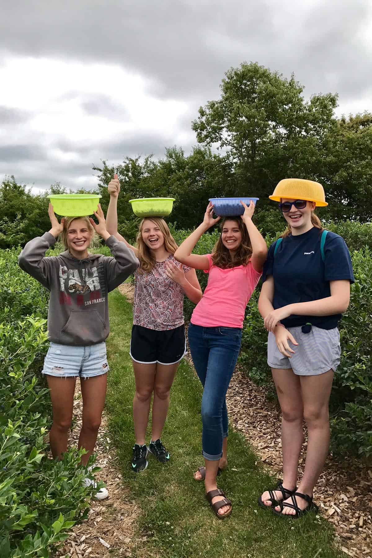 four girls holding blueberry baskets