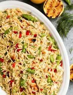 A big bowl of grilled chicken orzo salad