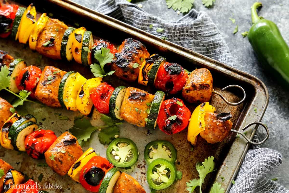 Grilled Jalapeno Cheddar Chicken Sausage Kebabs with Peppadews A