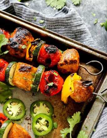 Grilled Jalapeno Cheddar Chicken Sausage Kebabs with Peppadews