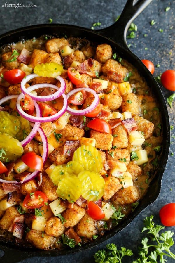 Bacon Cheeseburger Tater Tot Hotdish in a cast iron skillet