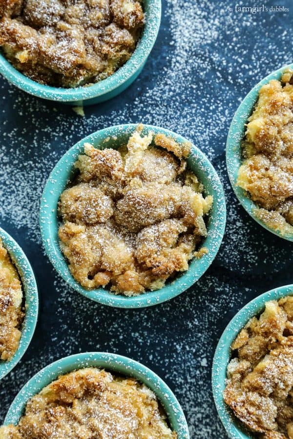Cinnamon Streusel Apple French Toast Cups in blue dishes