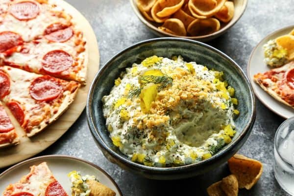 Dill Pickle Dip and slices of pizza