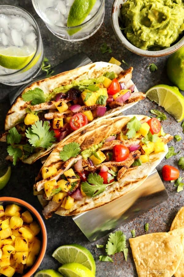 Grilled Pork and Pineapple Tacos with chips and guacamole