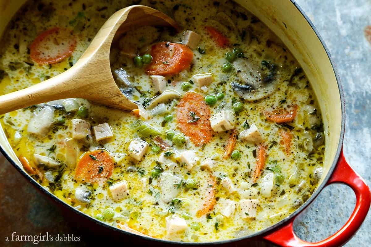 Smoked Turkey Pot Pie Soup in a red pot