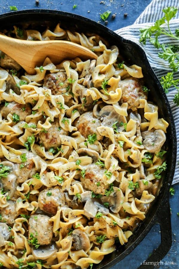 Extra Peppery Chicken Meatball Stroganoff in a cast iron skillet