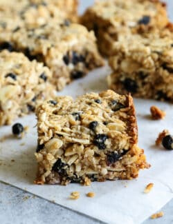 A granola square with almonds and berries