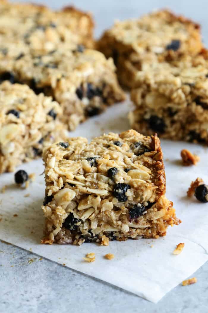 A granola square with almonds and berries